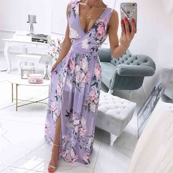 V-Ausschnitt ärmelloses Sommer-Maxikleid Robe für Frauen Boho Strandstil Lange Vintage-Blumen-Sommerkleid Französische Vestidos 210427