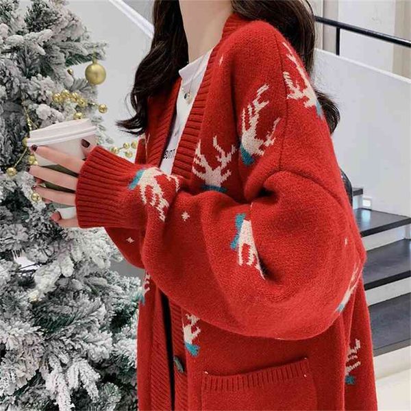

cartoon long cardigan single breasted christmas sweater fashion women spring autumn casual v-neck 210427, White;black