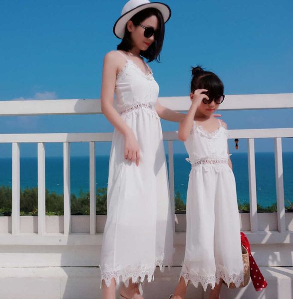 Монтер дочь шифон комбинезон летние белые широкие брюки для ног для пляжного родительской детской одежды одежды YM002 210610