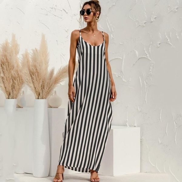

casual dresses 2021 summer sling striped backless loose big swing beach dress women fashion strapless sleeveless size long, Black;gray