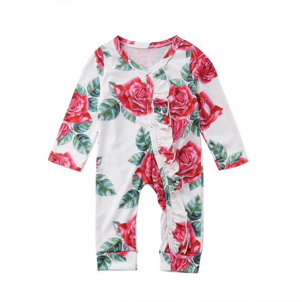 

newborn infant baby girls 0-24m romper long sleeve ruffles floral print single breasted jumpsuits romper spring autumn clothes, White