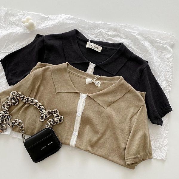 

women's polos color contrast knitted wool t-shirt 's neck fashion in summer, White