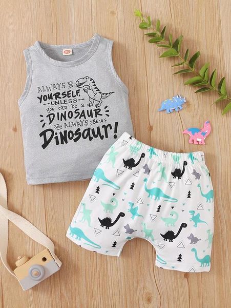 

baby letter & dinosaur print tank & shorts she, White