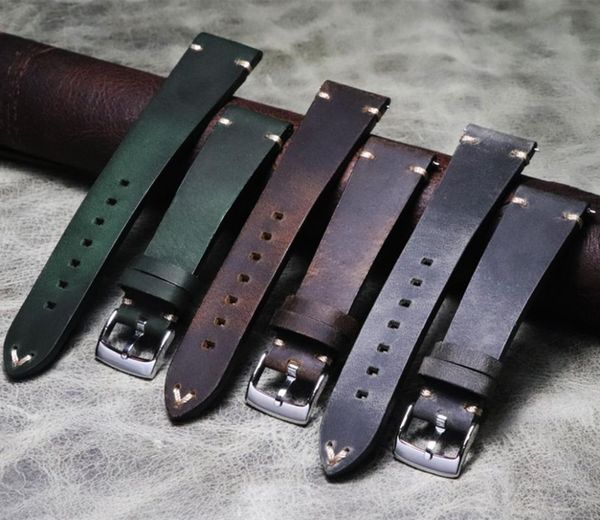 

watch bands men women handmade 20mm 21mm 22mm lleather strap retro green brown gray crazy horseskin quick release watchband, Black;brown