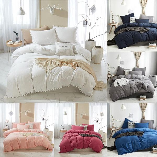 

bedding sets set solid 3pcs hairball decoration duvet cover pillowcase simple linens double bed  size sheets bedcover