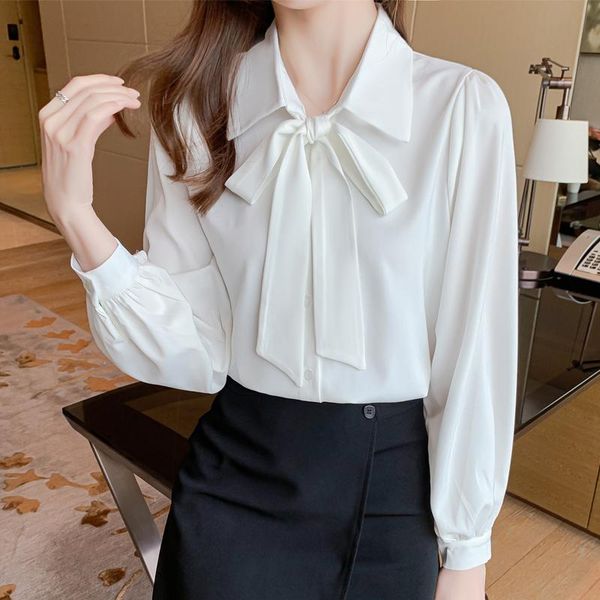 

women's blouses & shirts 2021 fall long sleeve chiffon white blouse women fashion bow collar shirt office lady lace up top