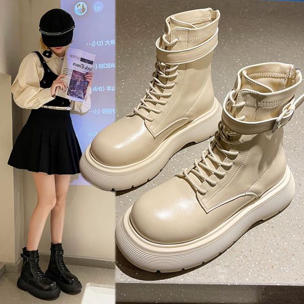 

boots women's rubber zipper autumn shoes boots-women round toe rain lolita med leather 2021 ladies rock ankle rome basic pu soli, Black