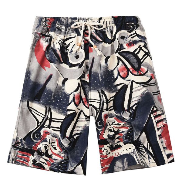 

2021 soccer shorts summer style cotton and linen printed big pants beach men's loose zzzee777, Black;red