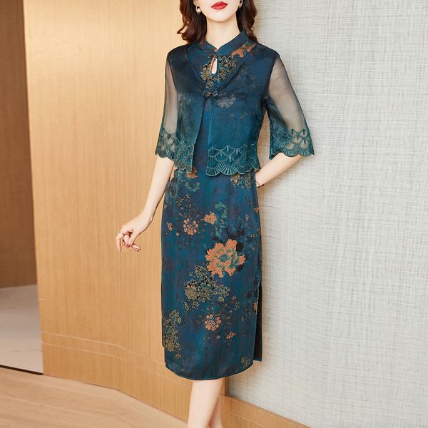 

luxury cheongsam xiangyunsha drs 2021 temperament aging printed shawl two-piece cheongsam skirt good quality, Blue;red