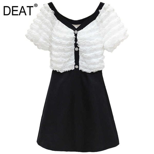 

[deat] summer fashion v-neck high waist splicing short sleeve loose temperament elegant dress women 13q097 210527, Black;gray