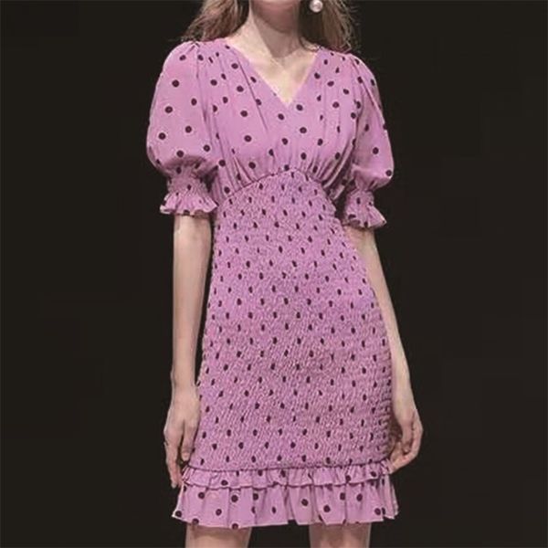 

summer rose red ruffle polka dot print dress tight v-neck small fragrance 210422, Black;gray