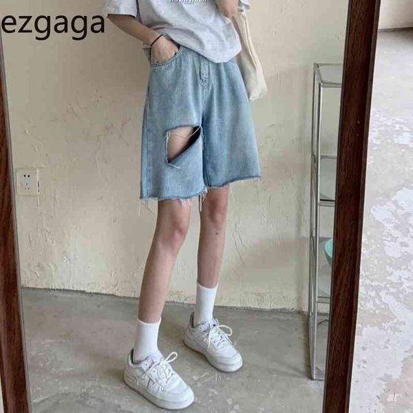 

ezgaga hole jeans women streetwear knee length summer high waist jogger korean vintage loose wide leg denim pants casual 210430, Blue
