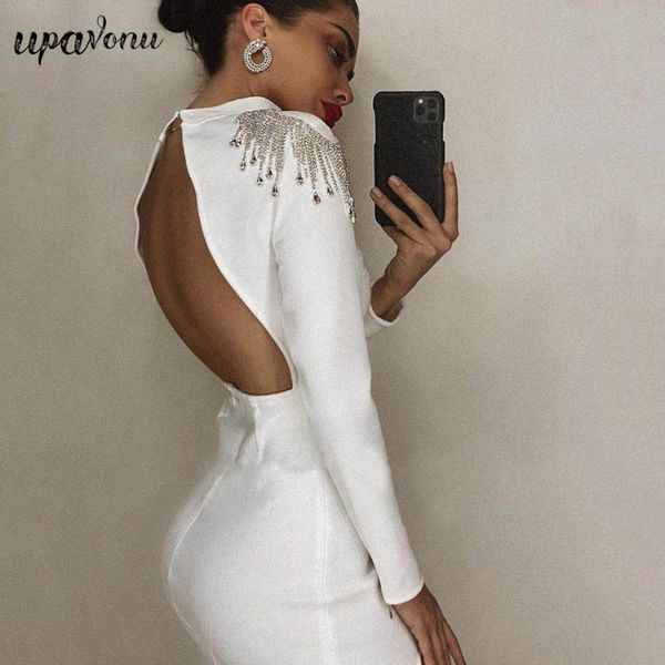 

casual dresses fashion diamond tassel midi bandage dress 2021 long sleeve split halter bodycon club party vestidos, Black;gray