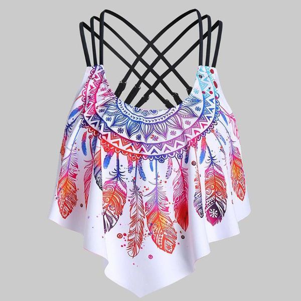 

two-piece suits feather print women push-up padded overlay flounce crisscross tankini swimwear 2pcs bathing suit drawstring swimsuit #t2g