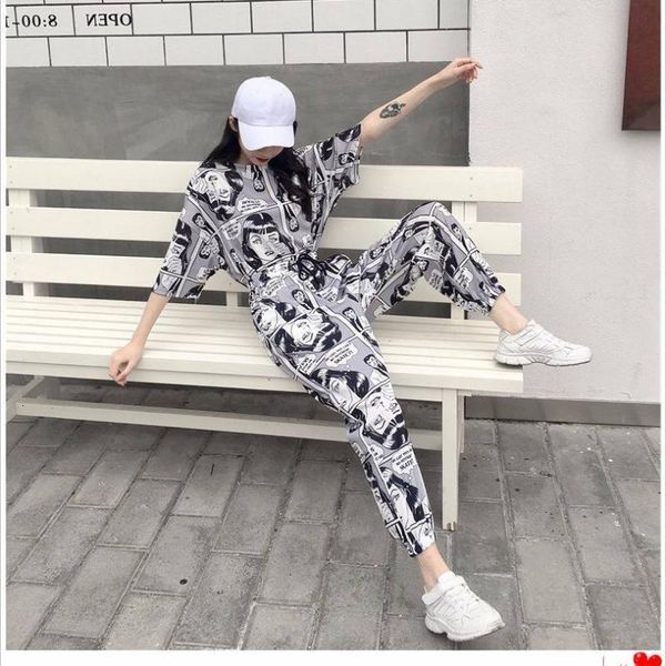 

women's summer ladies amine short sleeve cartoon print t shirt sets pullover fleece harajuku tracksuits tee shirts women, Gray