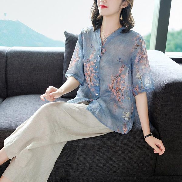 

women's two piece pants fashionable casual suit woman 2021 summer qualitblended ramie short sleeve shirt v neck design printed set, White