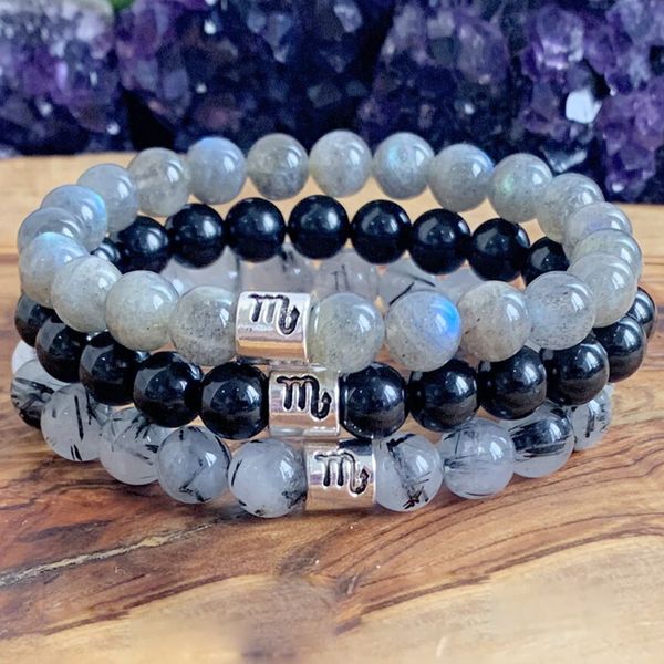 MG1318 Design Scorpio Zodiac Stack Bracelet Black Onyx Labradorite Bracelet Black Quartz Coartz Spirity Balance Forilt