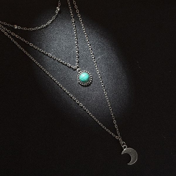 

fashion pop jewelry moon three-layer multi-layer necklace bohemian female jewelry wholesale gift, Silver