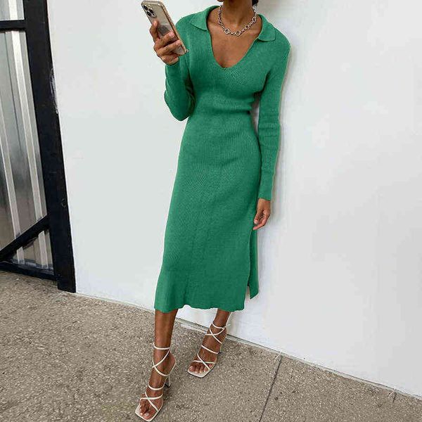 

elastic slim lady solid party dress v neck elegant long sleeve rib knitted dress 2022 fashion women side split long dress g1214, Black;gray