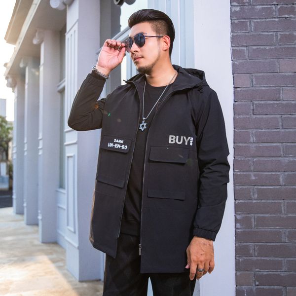 

tees,polos plus-size fashion man trendy large men's autumn letters print hooded multi pocket loose medium and long windbreaker for men