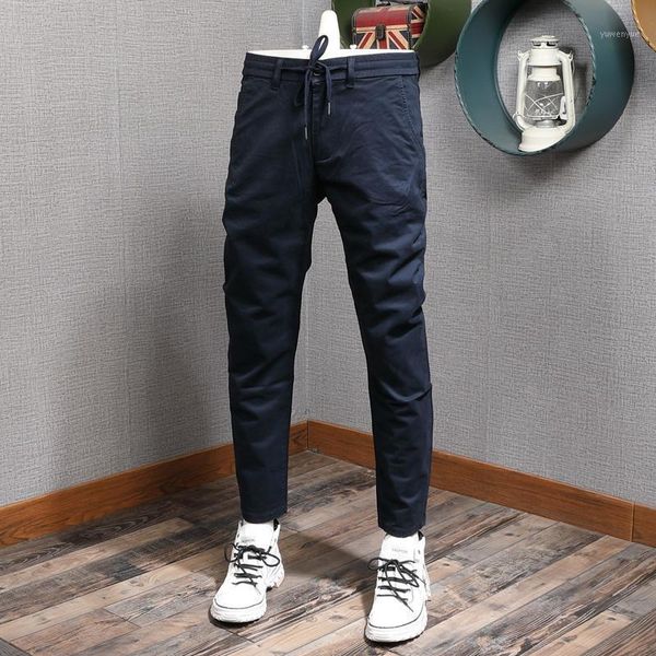 

men's pants summer men casual thin cotton slim fit navy drawstring trousers, Black