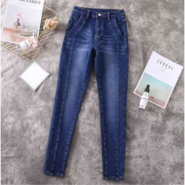 

woman jeans plus size soft thinck velvet winter warm trousers high waist patch work stretch skinny pencil pants denim ladies 5xl 210322, Blue