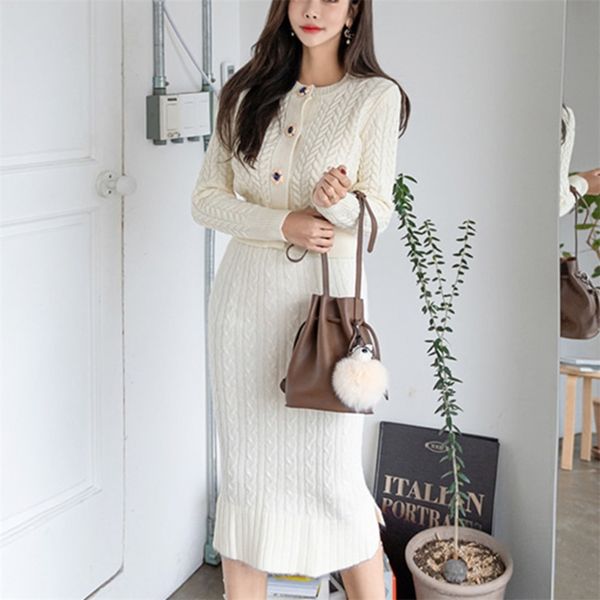 

autumn winter twisted knitted 2 piece set women crop sweater cardigan + bodycon skirt suits korean casual two 210514, White