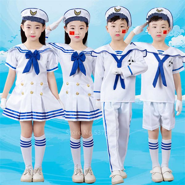 

children sailor uniform officer cosplay chorus anime school halloween costume for kids baby girl boy dress fancy carnival party q0910, Blue