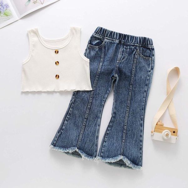

clothing sets kids set outfits fashion toddler summer clothes girl's lacing ruffled camisole denim flared pants suit child, White