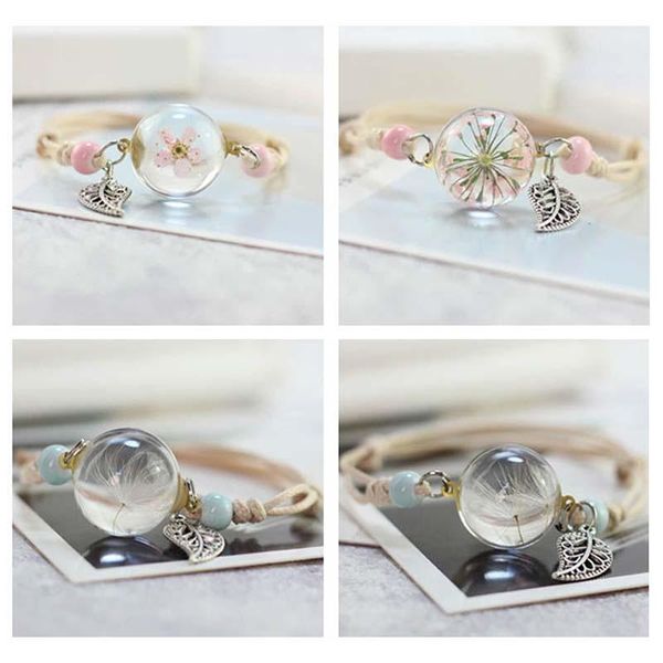 

women charm bangle vintage handmade hand chain glass ball dry flower adjustable boho weave bracelets, Golden;silver