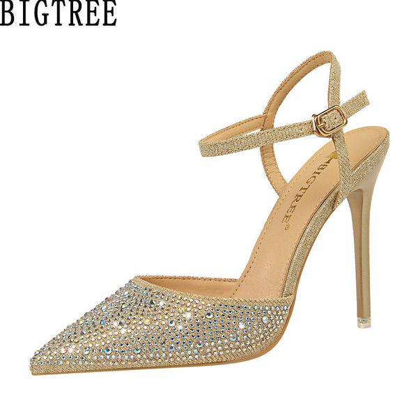 

dress shoes bigtree women wedding pointed toe rhinestone crystal ankle strap high heels slingback pumps elegant woman cut out sandals, Black