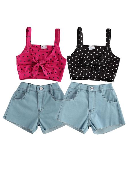 

clothing sets citgeesummer kids girls casual suit sleeveless bow lace-up loose jeans shorts fashion set clothes, White