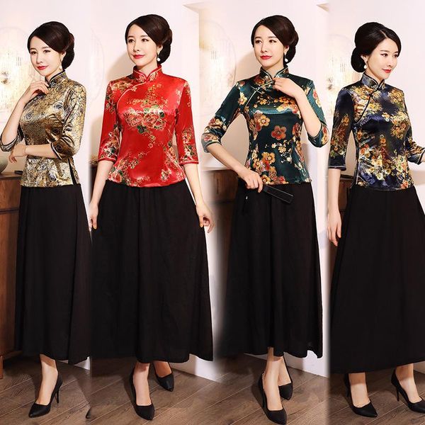 

ethnic clothing golden velvet cheongsam, large, suitable for mothers, festival clothes, daily performances, fashion, spring and autumn, Red