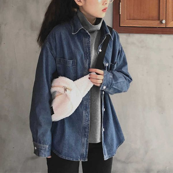 

spring autumn preppy style women long sleeve denim shirt coat all-matched casual double pocket vintage loose blouses s295 210608, White