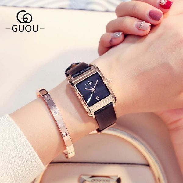 

wristwatches guou watch fashion leather women's watches luxury ladies rectangle retro quartz clock relogio feminino, Slivery;brown