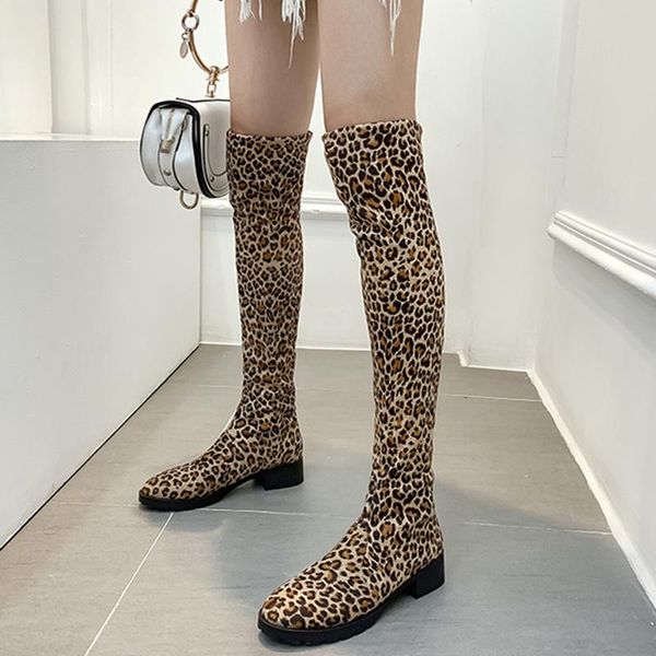 

boots leopard long women shoes thigh high casual low heels warm fur over-the-knee female winter snow, Black