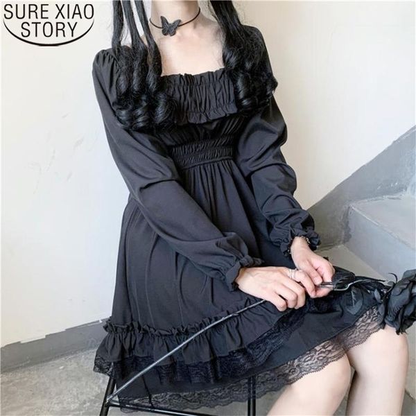

black mini dress japanese lolita style women princess slash neck high waist puff sleeve lace ruffles party es 12991 210506, Black;gray