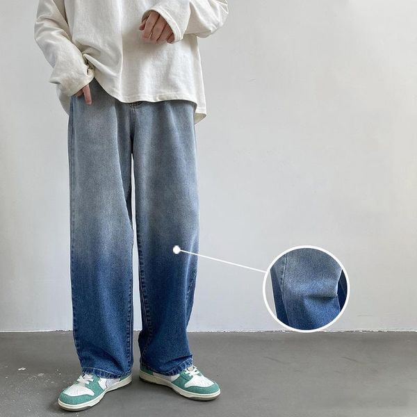 

men's jeans k106 men gradient straight fashion loose stretchy distressed streetwear casual baggy neutral cargo denim trousers, Blue