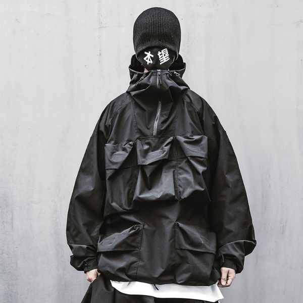 

men's jackets mens techwear windbreaker anorak japanese streetwear pockets black hooded jacket coat, Black;brown