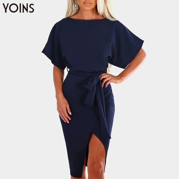 

dresses yoins women black slit wrapped midi casual short sleeve o-neck vestidos fashion solid high waist party dress femme, Black;gray