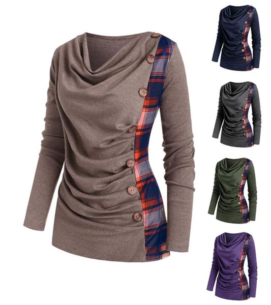 

women's blouses & shirts casual loose women autumn solid color cowl neck heather mock button pullover female long sleeve marled, White