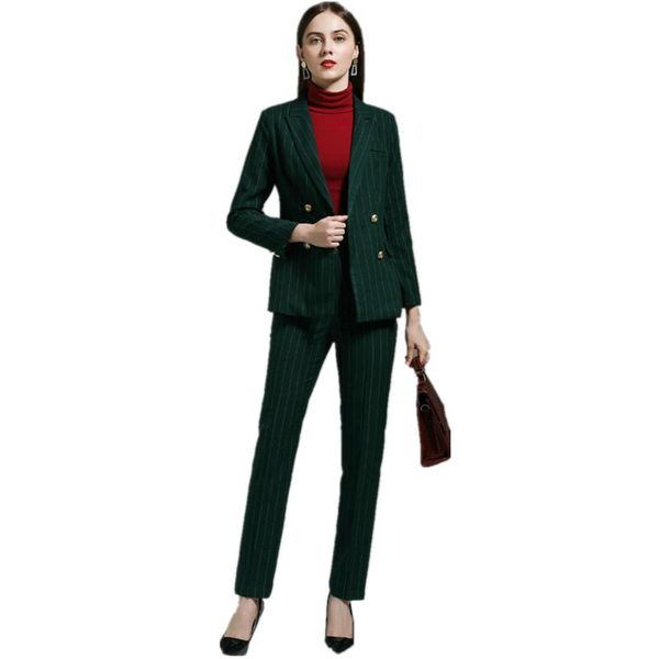 

women's two piece pants green stripes suits 2 women pant suit double breasted blazer jacket & trousers for set, White
