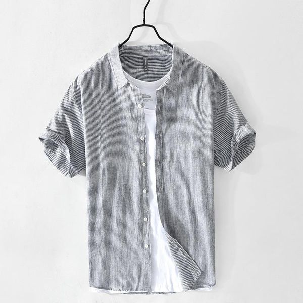 

men's casual shirts summer men 's linen striped short-sleeved shirt cotton fabric fashion wear top, White;black