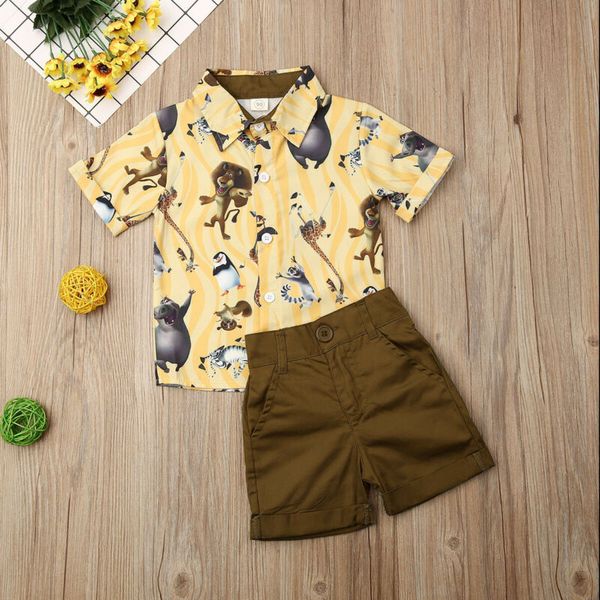 

1-6years toddler boys clothes set zoo monkey elephant giraffe animal boys shirt brown short pants boys outfit baby clothing, White;black