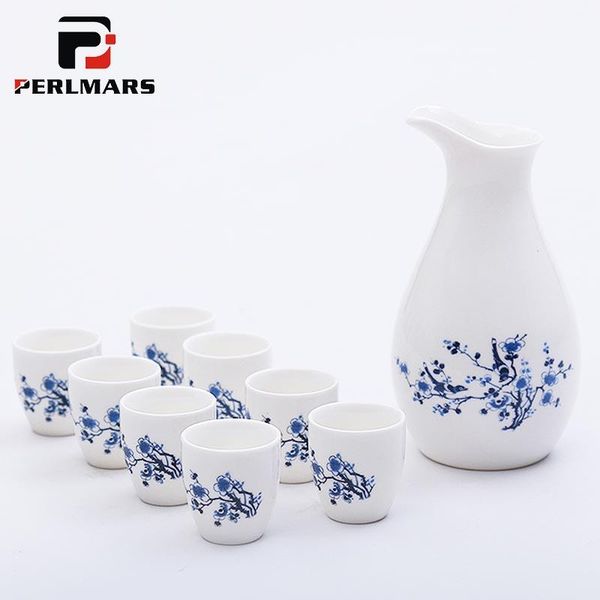 

hip flasks 9pcs/lot ceramic blue and white porcelain wine set creative sake cup ceremony pot drinkware decor