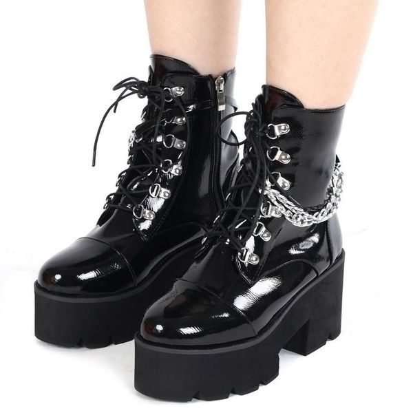 

boots patent leather gothic black women heel chain chunky platform female punk style ankle zipper