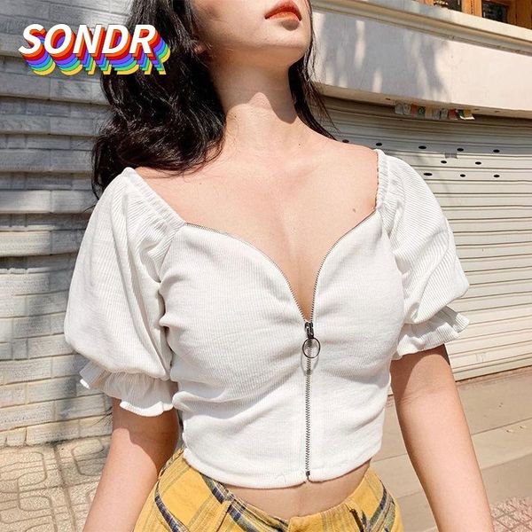 

women's t-shirt sondr summer 2021 super fairy square neck bubble sleeve zipper night club leisure, White