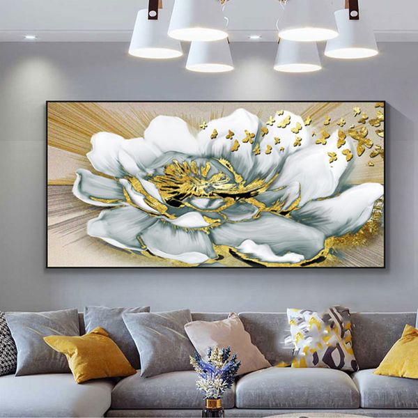 Dipinti su tela di fiori d'oro Arte astratta Poster e stampe Immagini moderne per soggiorno Decorazione da parete in lamina d'oro semplice nordica