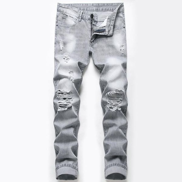 

shredded hip-hop jeans men zipper skinny high-quality cotton long destroyed torn holes knee men's, Blue
