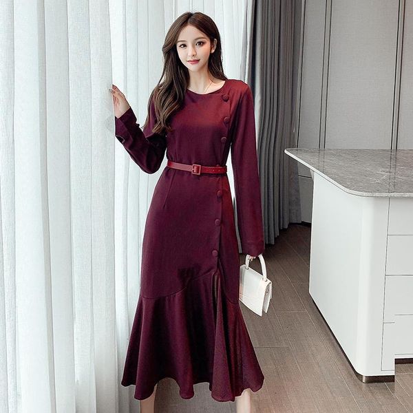 

autumn winter french design round neck female long dress with belt temperament fishtail office ladies casual dresses, Black;gray